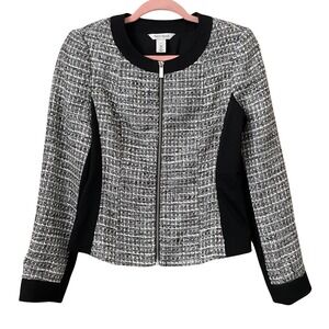 White House Black Market Blazer Womens Size 4 Tweed Zipper Jacket Contrast Panel